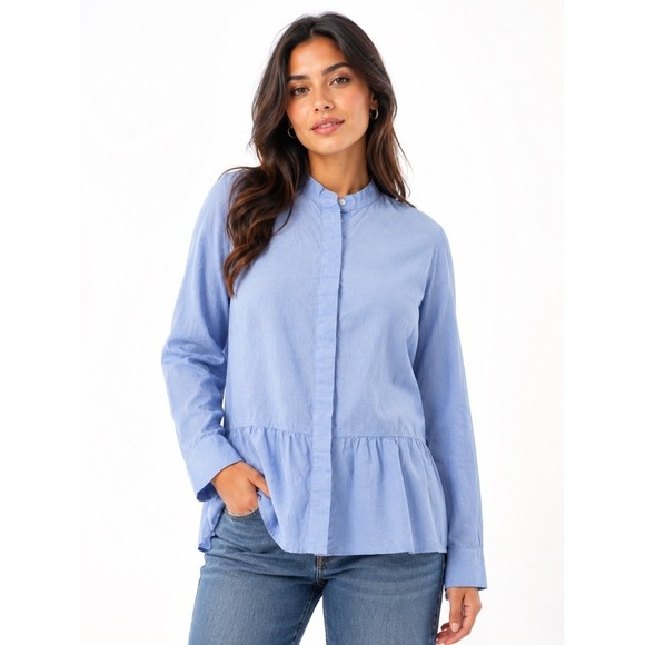 Madewell Tops - Madewell Womens Blue Cotton Peplum Button Front Shirt Blouse Band Collar L
